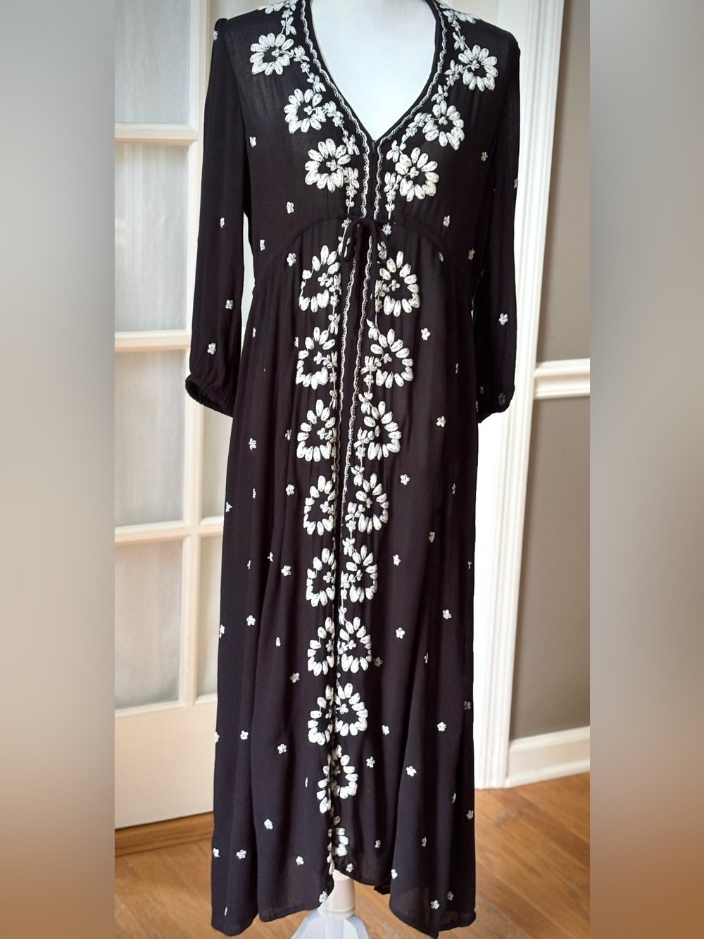 Free People Embroidered Black Boho Peasant Maxi Dress Sheer Size S - Picture 2 of 11